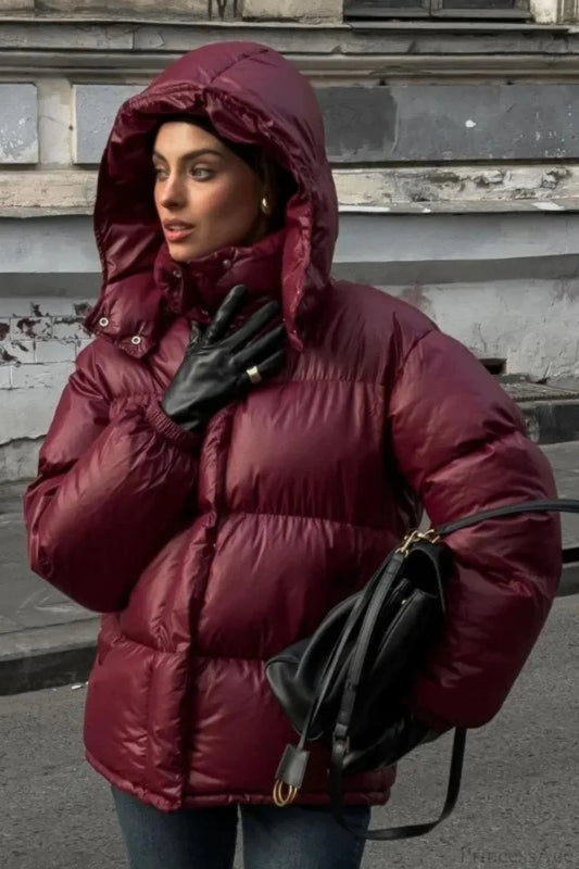Burgundy Stand Collar Single Breasted Zipper Quilted Coat