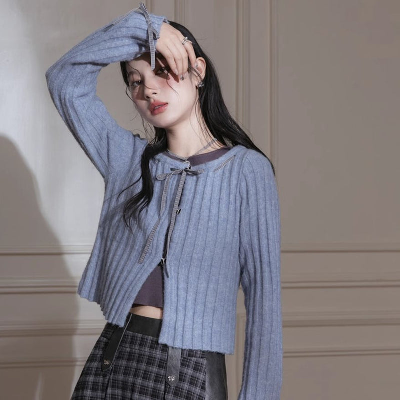 Blue Ribbon Woolen Cardigan Two-piece Set