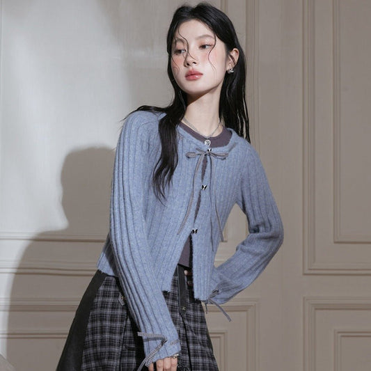 Blue Ribbon Woolen Cardigan Two-piece Set