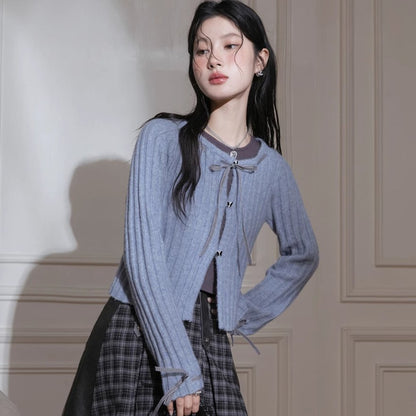 Blue Ribbon Woolen Cardigan Two-piece Set