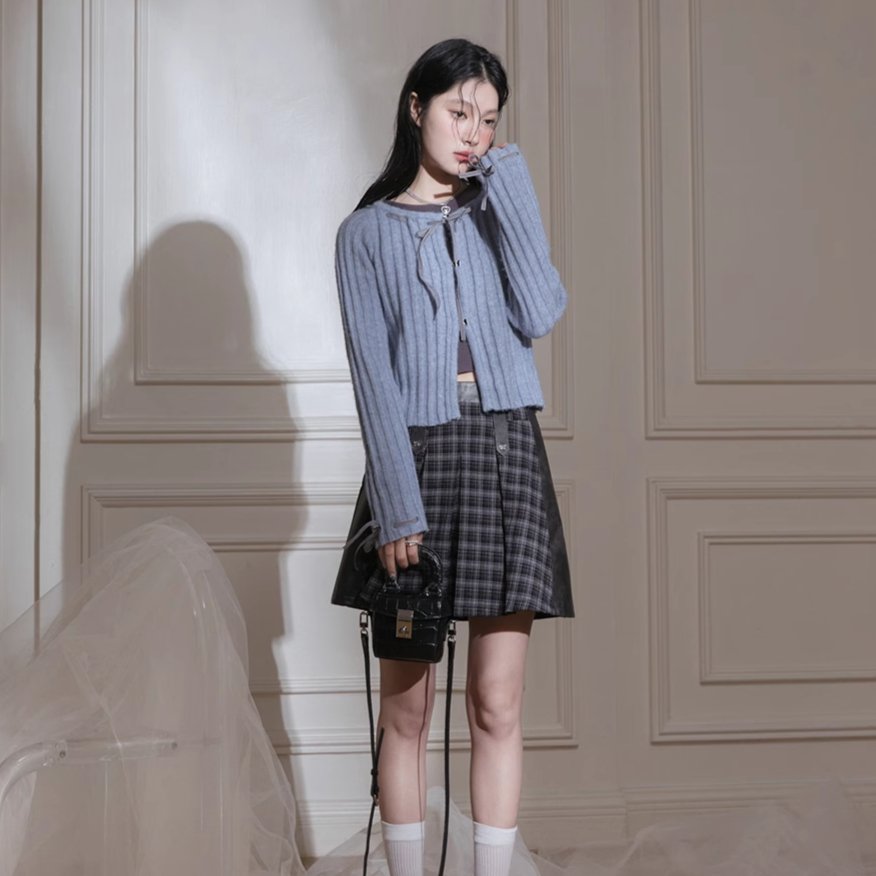 Blue Ribbon Woolen Cardigan Two-piece Set