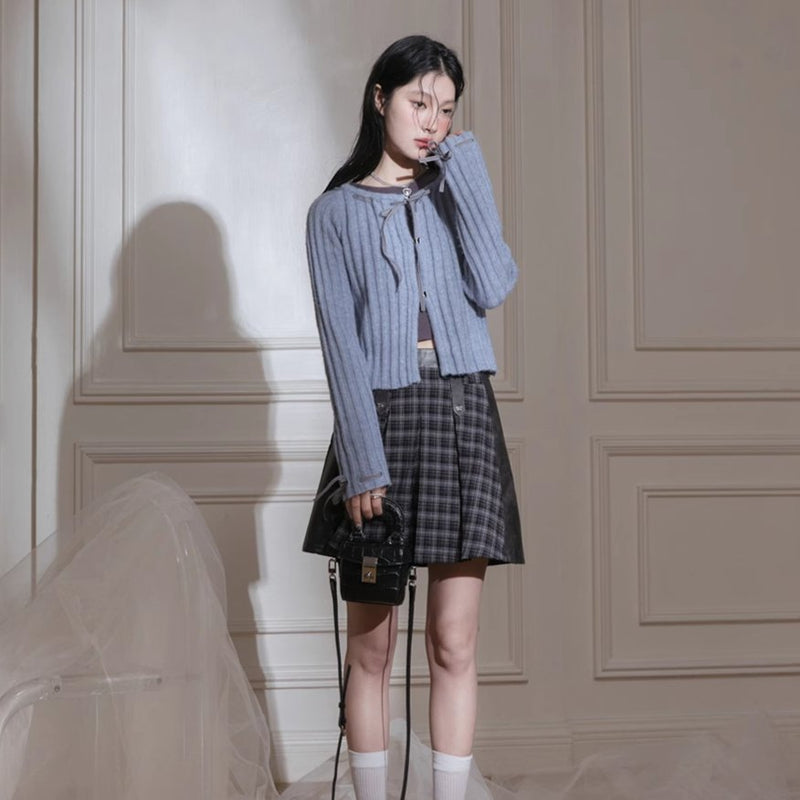Blue Ribbon Woolen Cardigan Two-piece Set