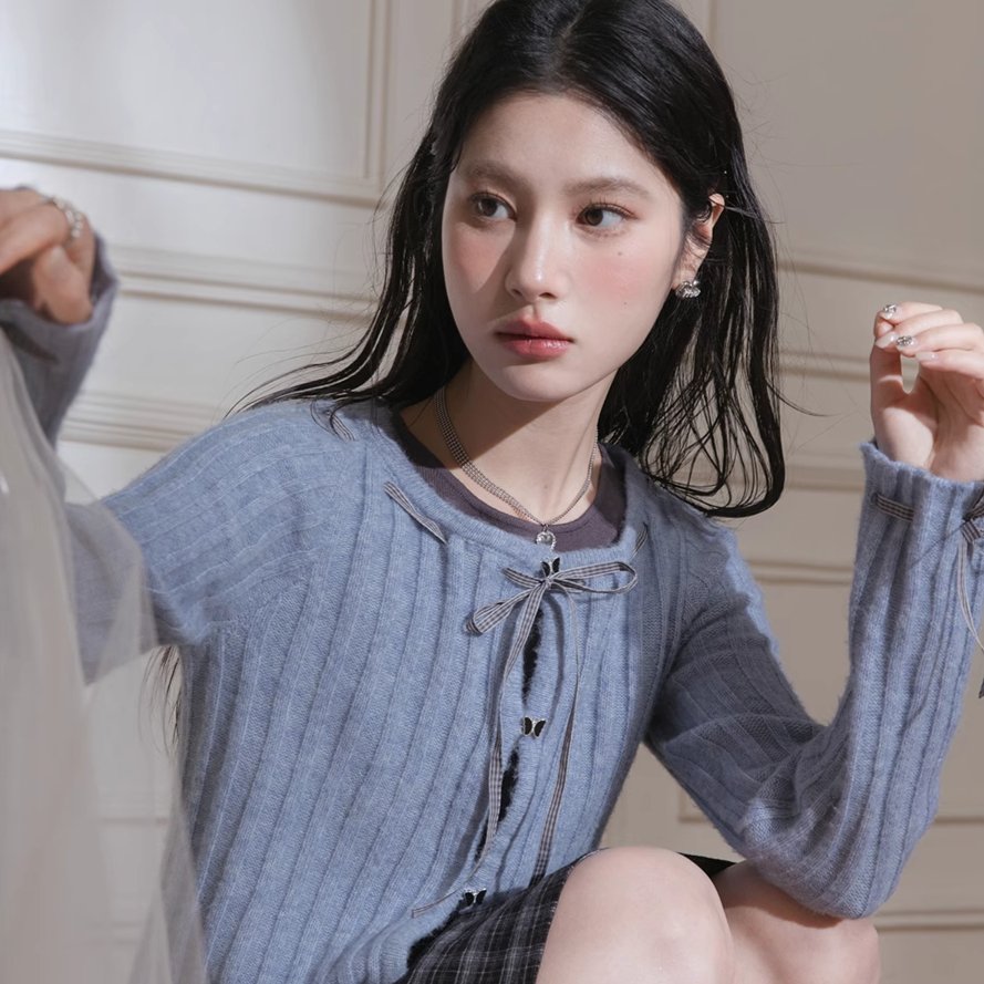 Blue Ribbon Woolen Cardigan Two-piece Set