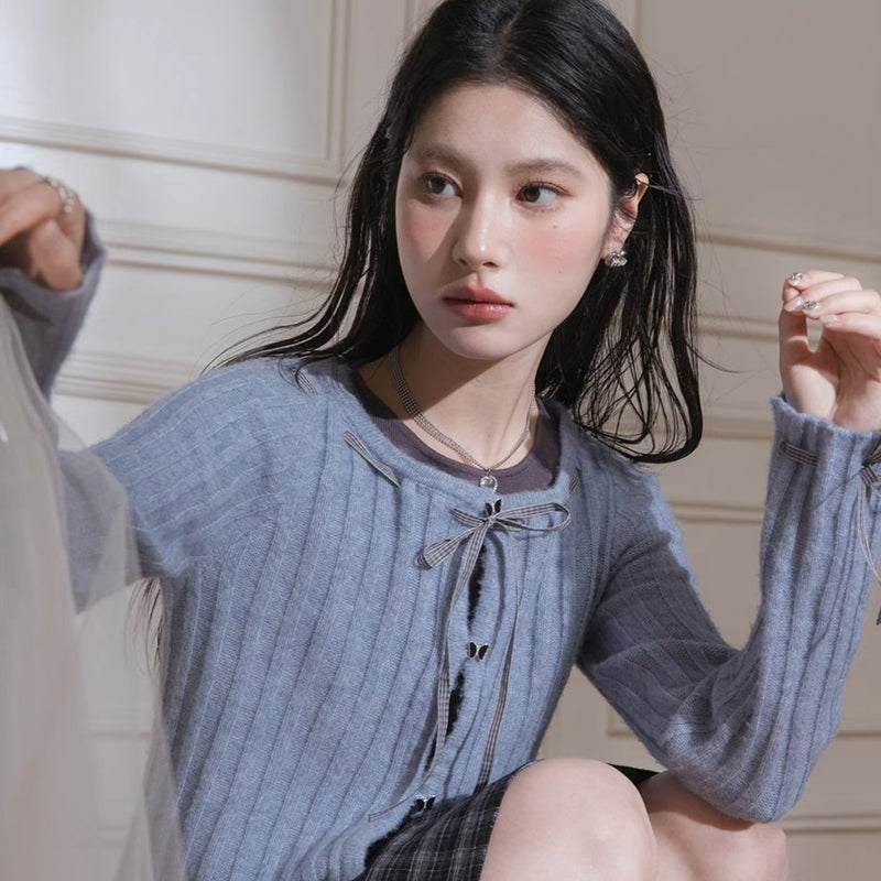 Blue Ribbon Woolen Cardigan Two-piece Set