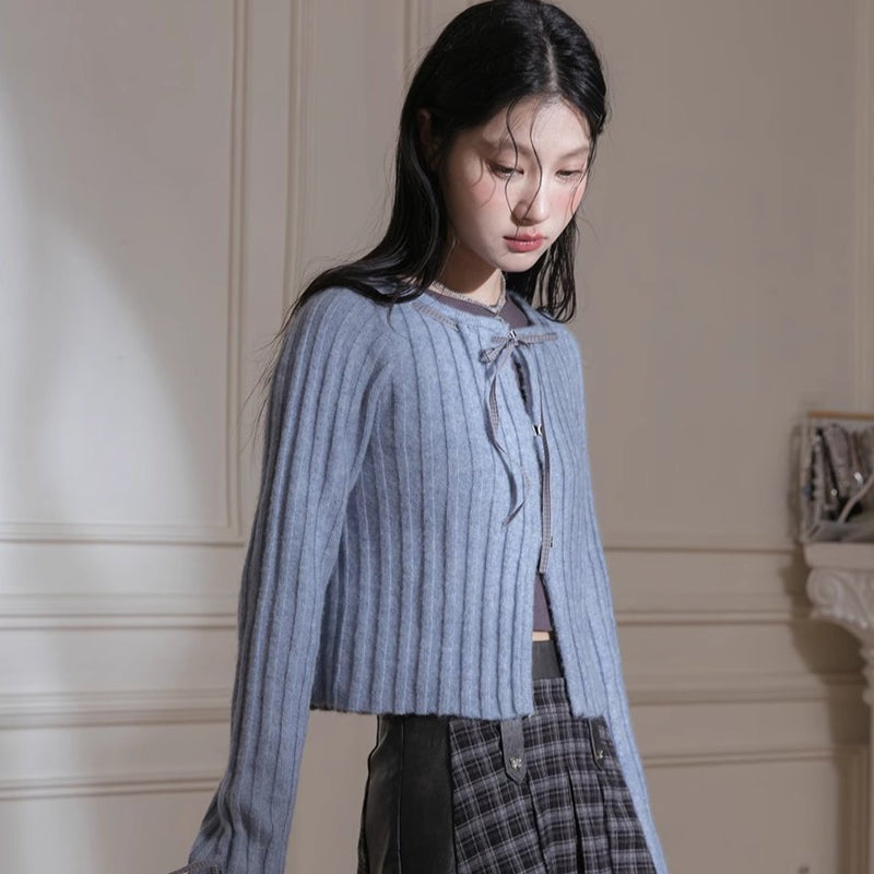 Blue Ribbon Woolen Cardigan Two-piece Set