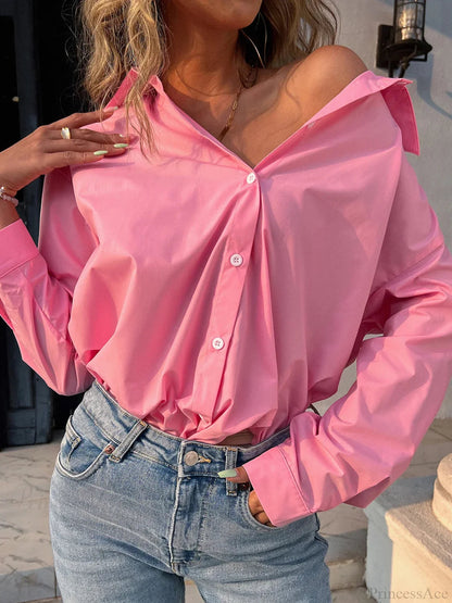 Button Down Collar Loose Blouse