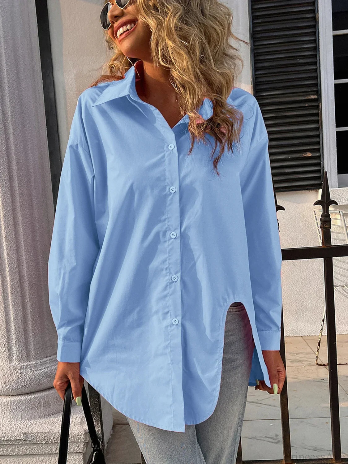 Button Down Collar Loose Blouse