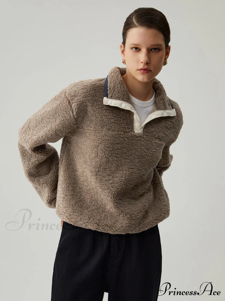 Button Down Collar Contrast Trim Sherpa Sweater