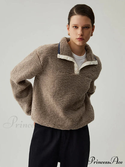 Button Down Collar Contrast Trim Sherpa Sweater