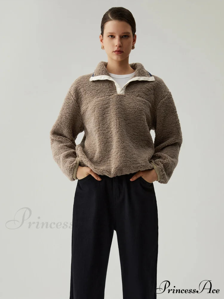 Button Down Collar Contrast Trim Sherpa Sweater