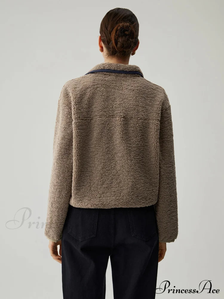 Button Down Collar Contrast Trim Sherpa Sweater