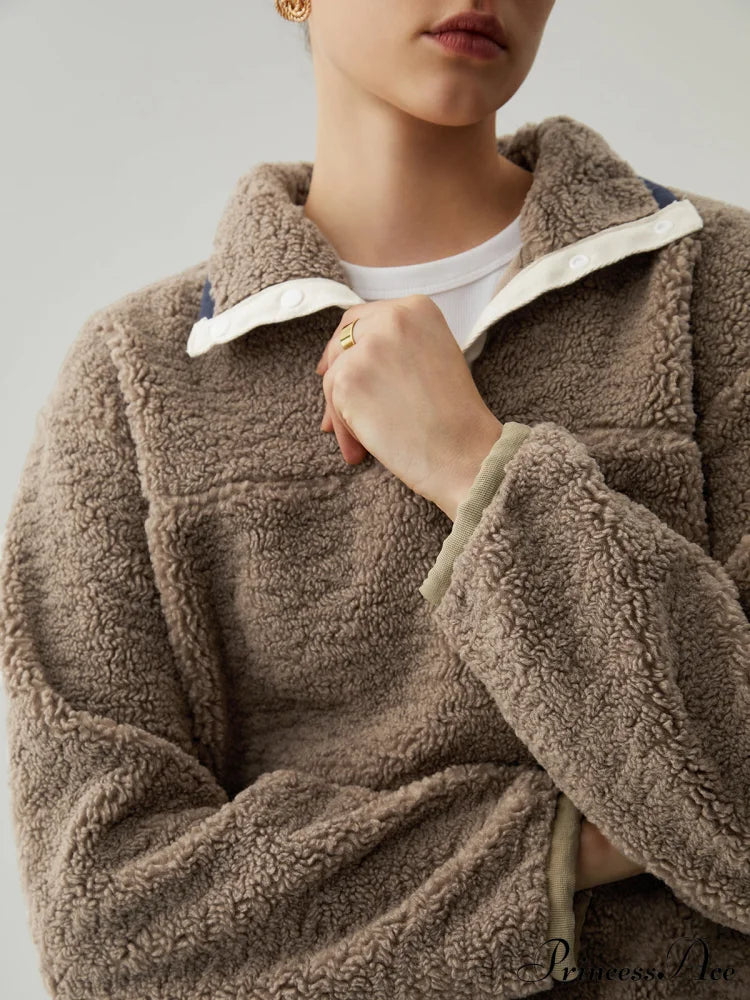 Button Down Collar Contrast Trim Sherpa Sweater