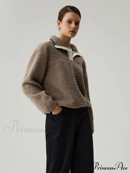 Button Down Collar Contrast Trim Sherpa Sweater