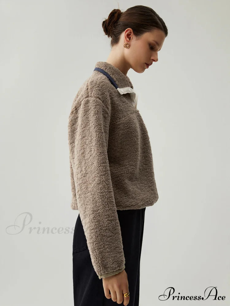 Button Down Collar Contrast Trim Sherpa Sweater