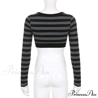 Button Full T V Crop Top Harajuku Neck Blouse Arm Knitted Grunge Tee Striped Y2k Outfits