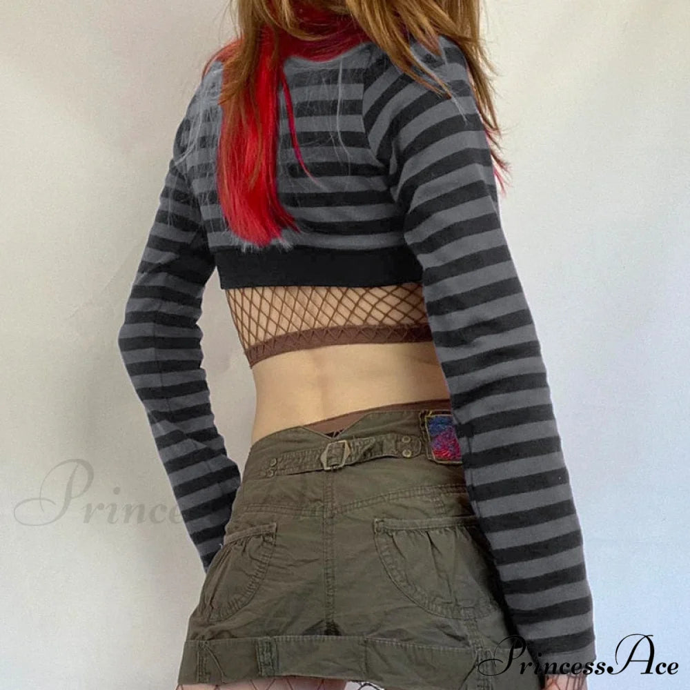 Button Full T V Crop Top Harajuku Neck Blouse Arm Knitted Grunge Tee Striped Y2k Outfits
