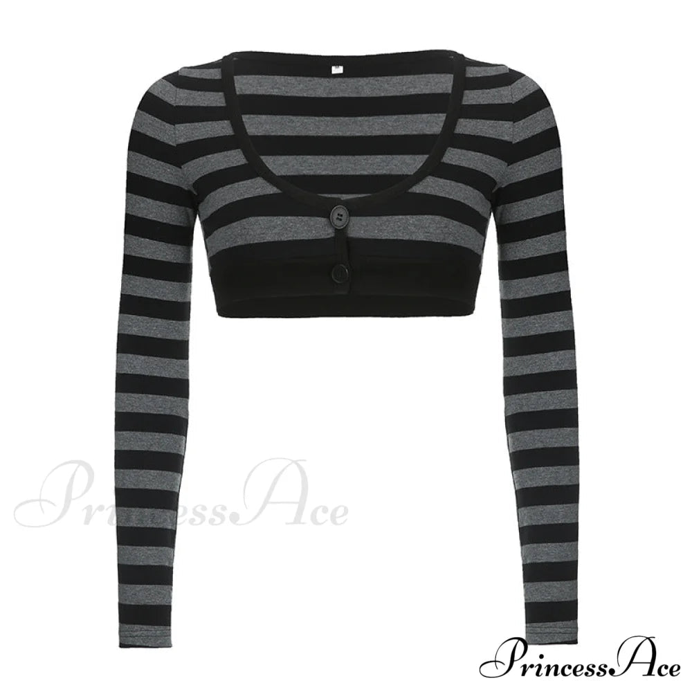 Button Full T V Crop Top Harajuku Neck Blouse Arm Knitted Grunge Tee Striped Y2k Outfits
