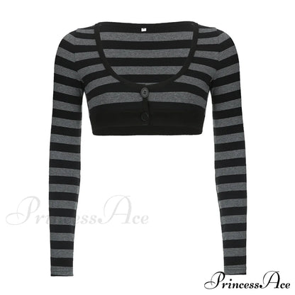 Button Full T V Crop Top Harajuku Neck Blouse Arm Knitted Grunge Tee Striped Y2k Outfits
