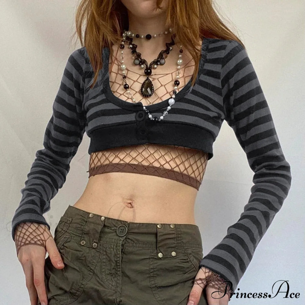 Button Full T V Crop Top Harajuku Neck Blouse Arm Knitted Grunge Tee Striped Y2k Outfits