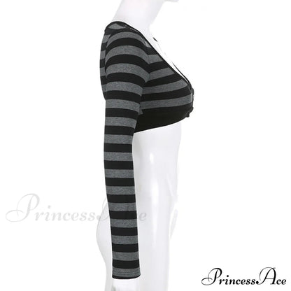 Button Full T V Crop Top Harajuku Neck Blouse Arm Knitted Grunge Tee Striped Y2k Outfits