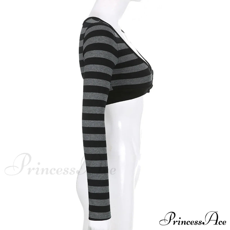 Button Full T V Crop Top Harajuku Neck Blouse Arm Knitted Grunge Tee Striped Y2k Outfits