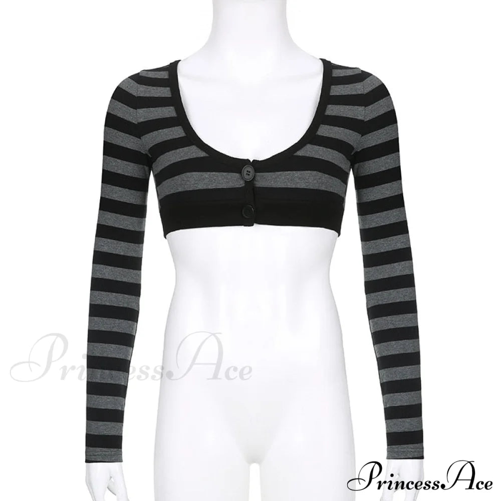 Button Full T V Crop Top Harajuku Neck Blouse Arm Knitted Grunge Tee Striped Y2k Outfits