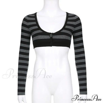 Button Full T V Crop Top Harajuku Neck Blouse Arm Knitted Grunge Tee Striped Y2k Outfits
