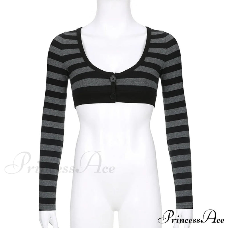 Button Full T V Crop Top Harajuku Neck Blouse Arm Knitted Grunge Tee Striped Y2k Outfits