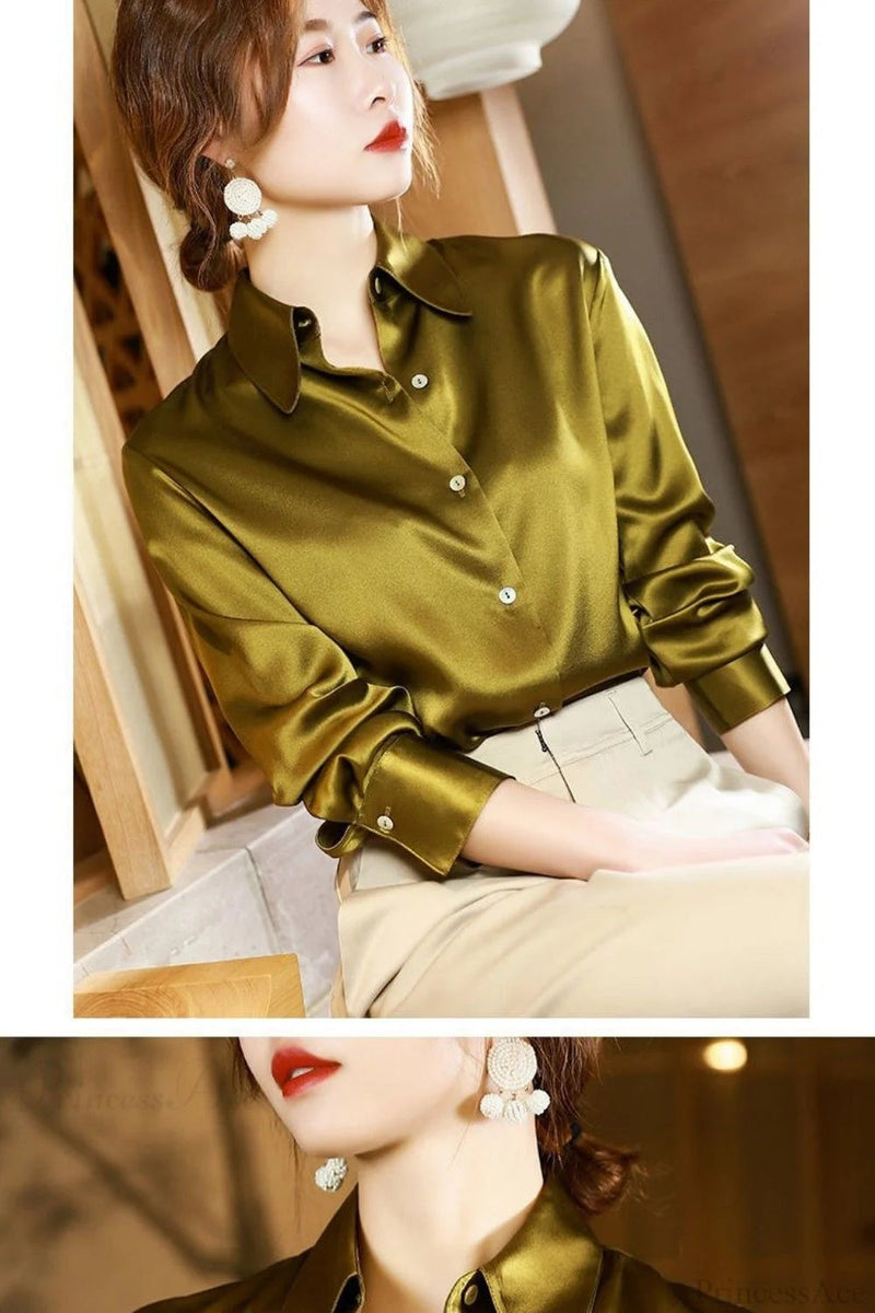 Button Satin - Blouse Silk Office Crepe Up Top