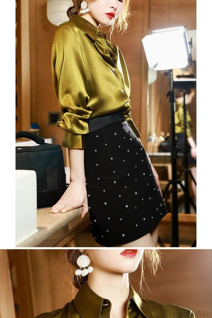 Button Satin - Blouse Silk Office Crepe Up Top