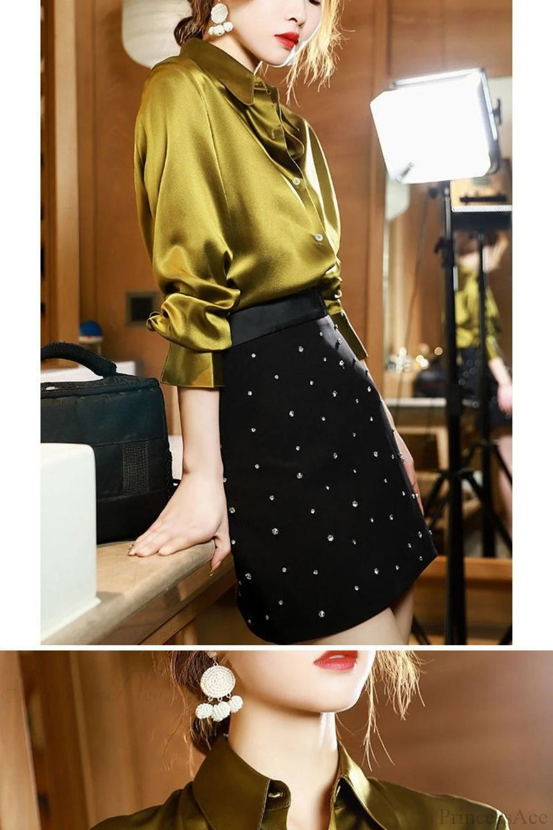 Button Satin - Blouse Silk Office Crepe Up Top