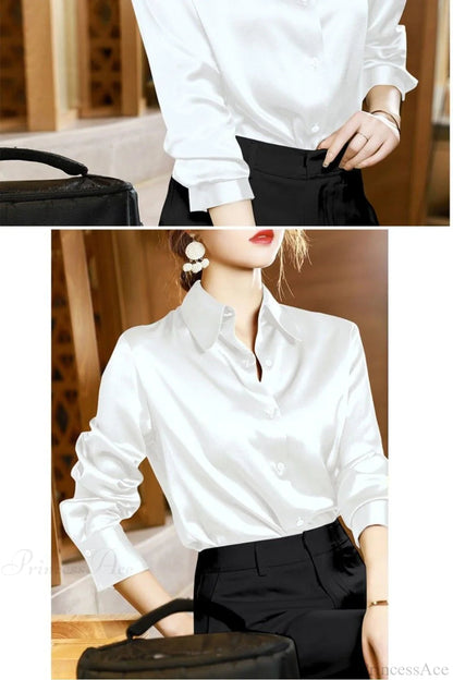 Button Satin - Blouse Silk Office Crepe Up Top