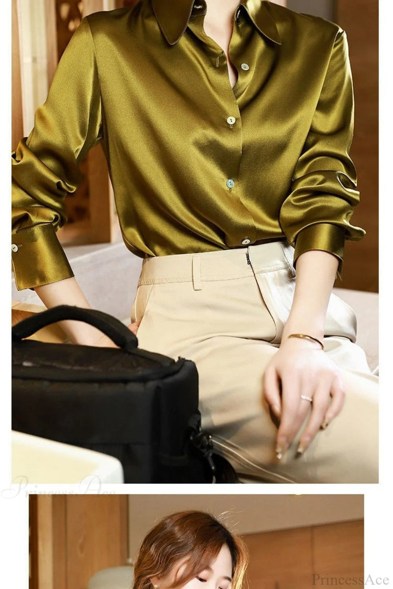 Button Satin - Blouse Silk Office Crepe Up Top