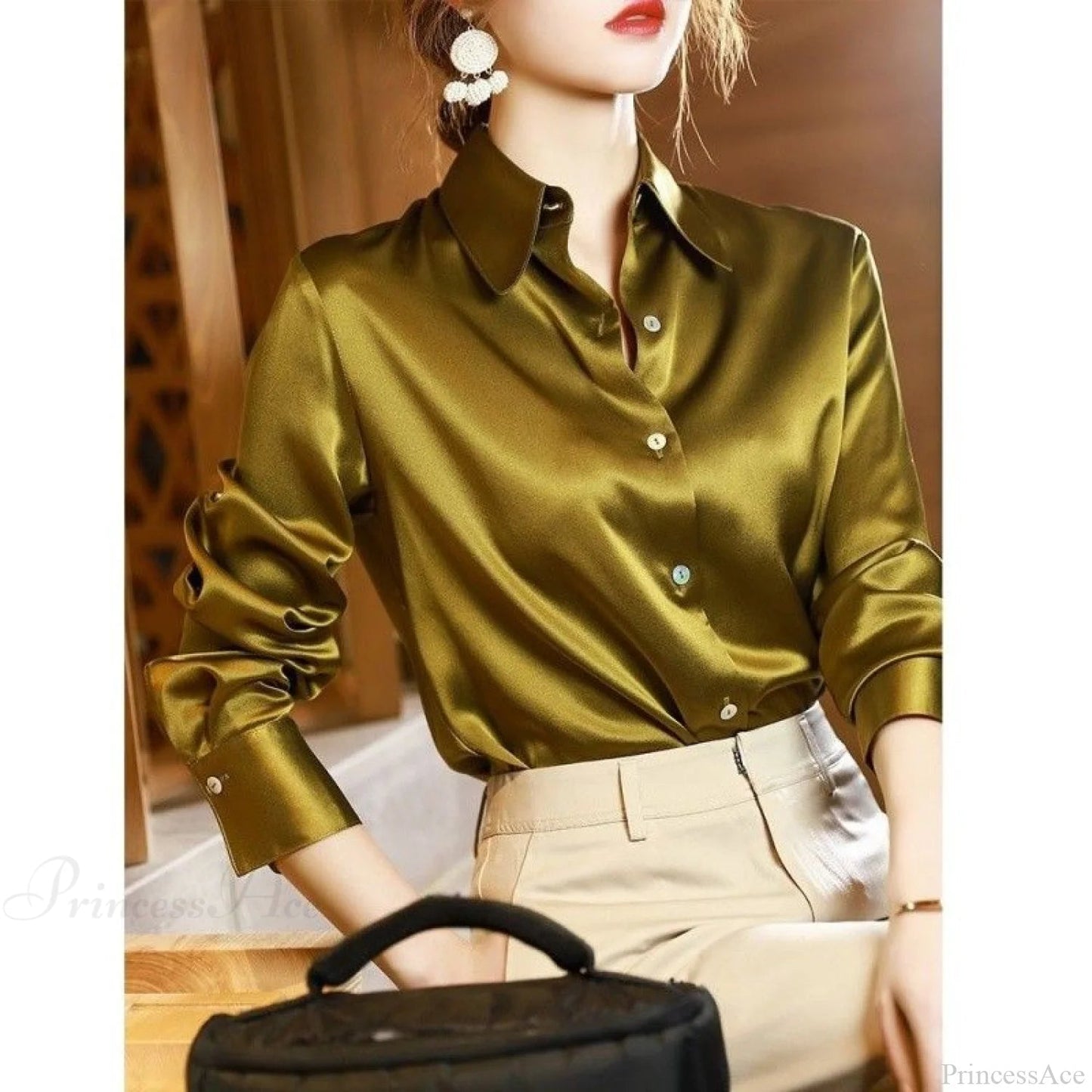 Button Satin - Blouse Silk Office Crepe Up Top