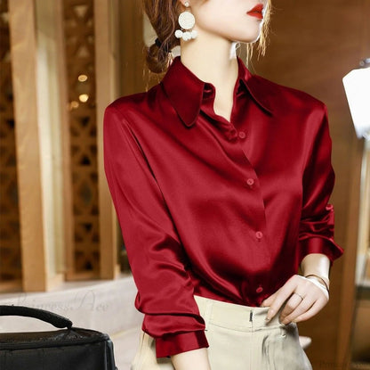 Button Satin - Blouse Silk Office Crepe Up Top