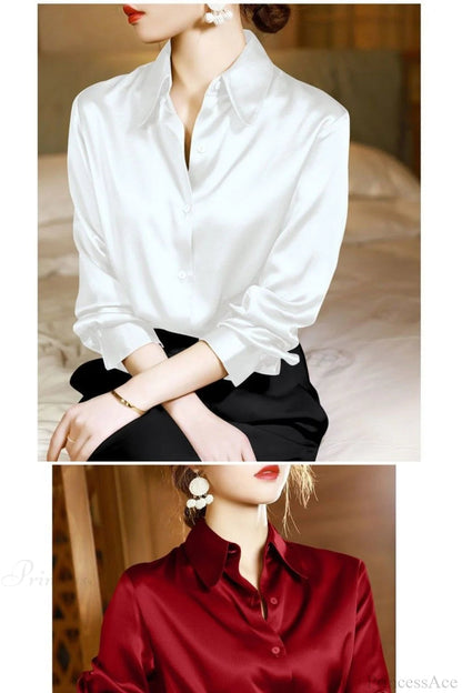 Button Satin - Blouse Silk Office Crepe Up Top