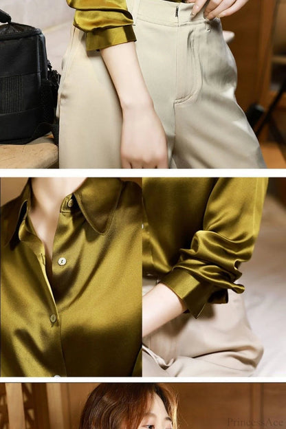 Button Satin - Blouse Silk Office Crepe Up Top