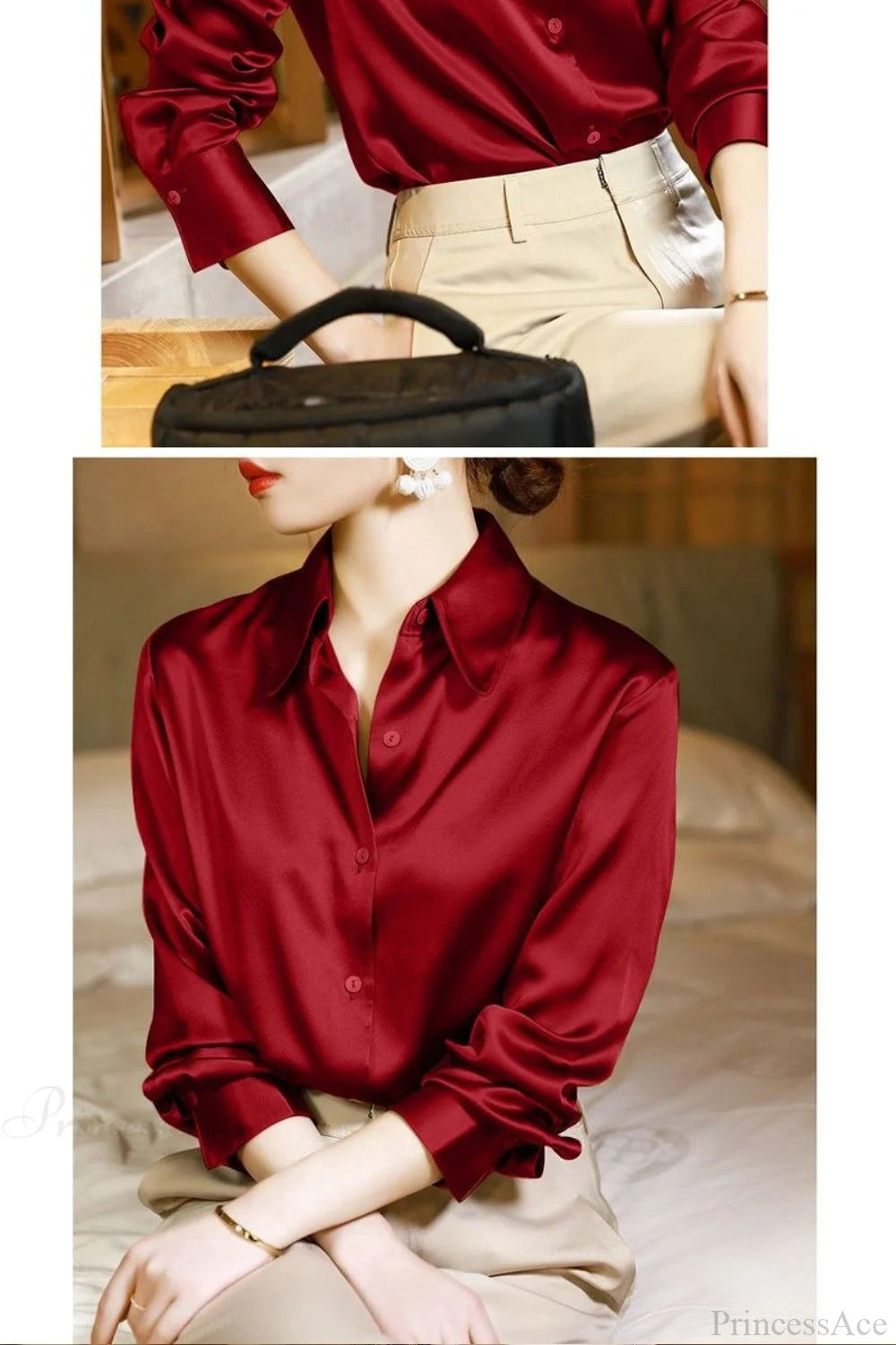Button Satin - Blouse Silk Office Crepe Up Top