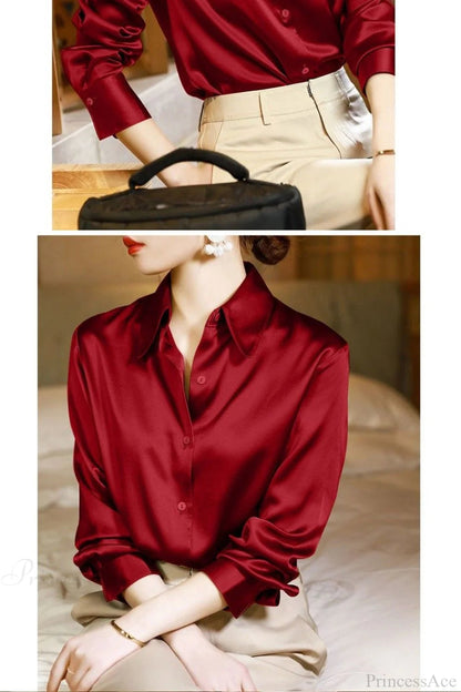 Button Satin - Blouse Silk Office Crepe Up Top