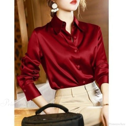 Button Satin - Blouse Silk Office Crepe Up Top