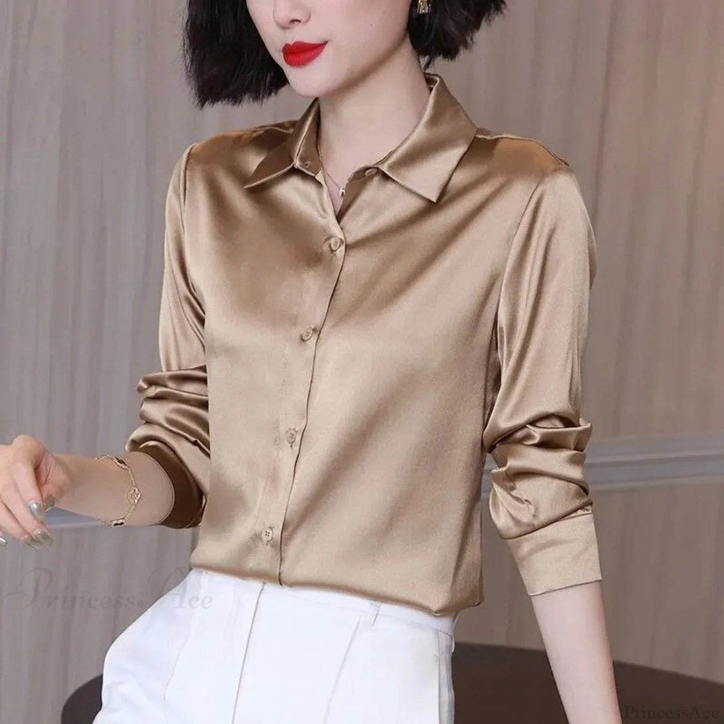 Button Satin - Blouse Silk Office Crepe Up Top