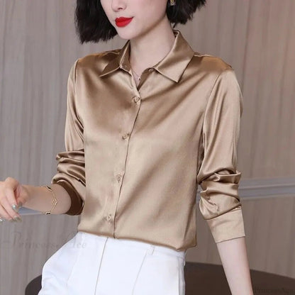 Button Satin - Blouse Silk Office Crepe Up Top