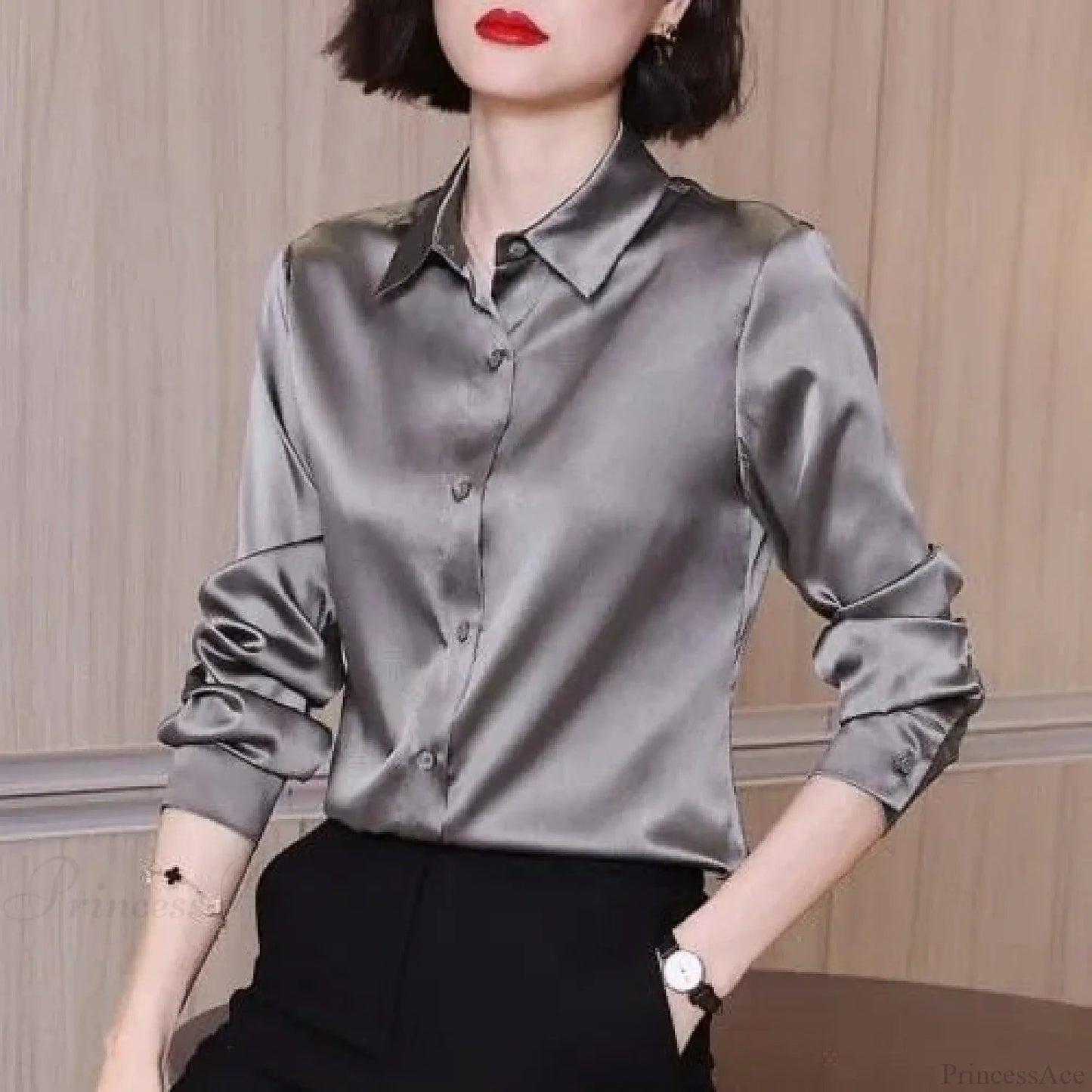 Button Satin - Blouse Silk Office Crepe Up Top