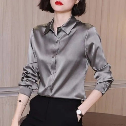 Button Satin - Blouse Silk Office Crepe Up Top