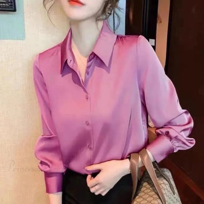 Button Satin - Blouse Silk Office Crepe Up Top