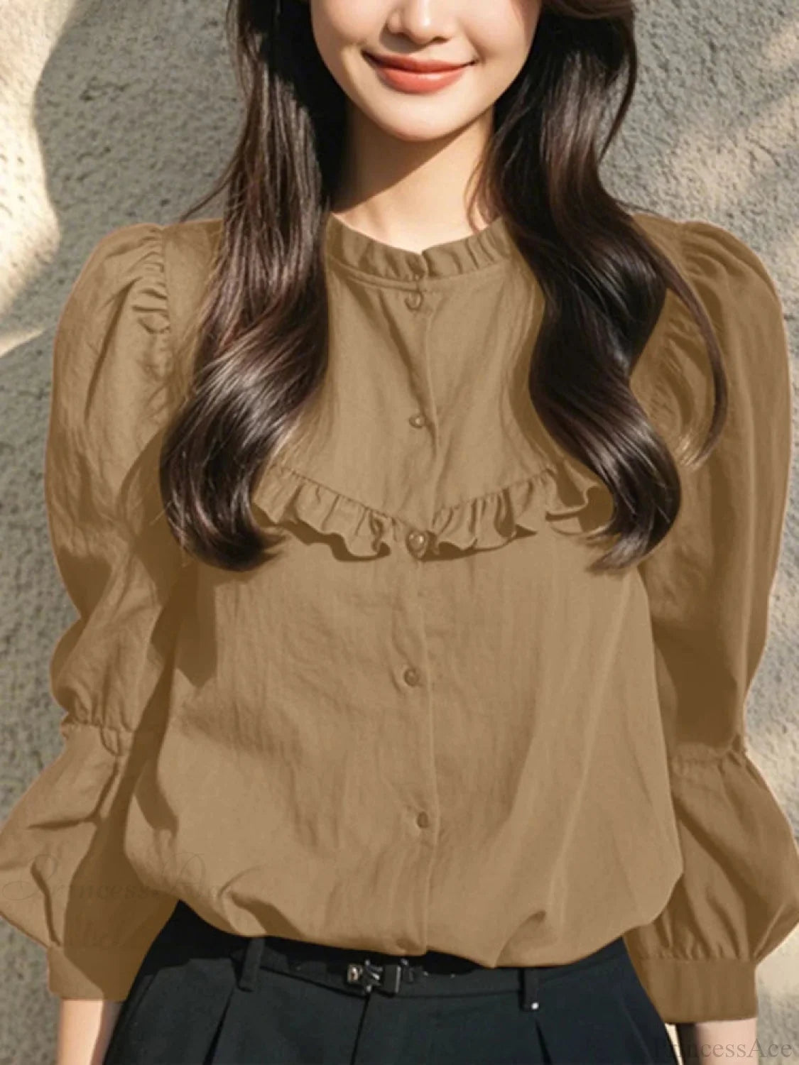 Button-up O-neck Lantern Sleeve Blouse