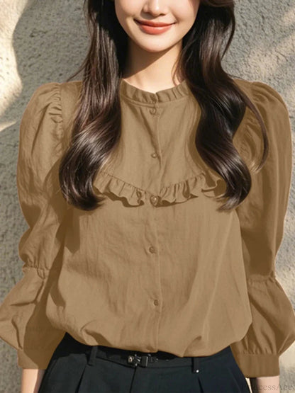 Button-up O-neck Lantern Sleeve Blouse
