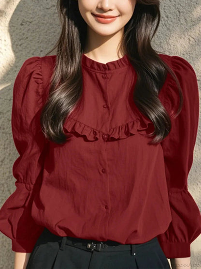 Button-up O-neck Lantern Sleeve Blouse