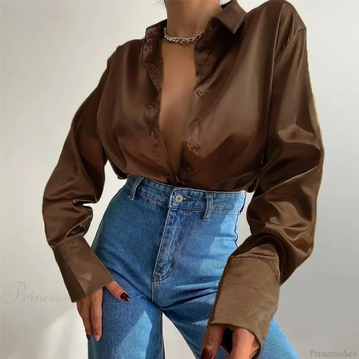 Button Up Satin Long Sleeve White Blouse