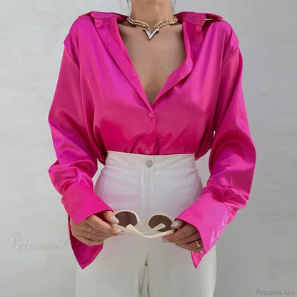 Button Up Satin Long Sleeve White Blouse